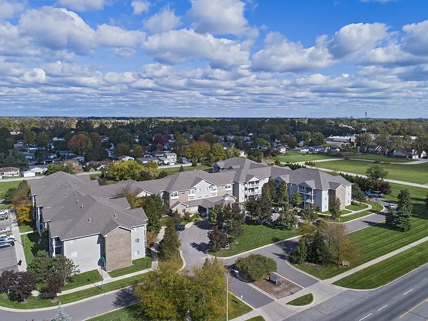 Aerial frontal view of American House independent living in Taylor, MI.