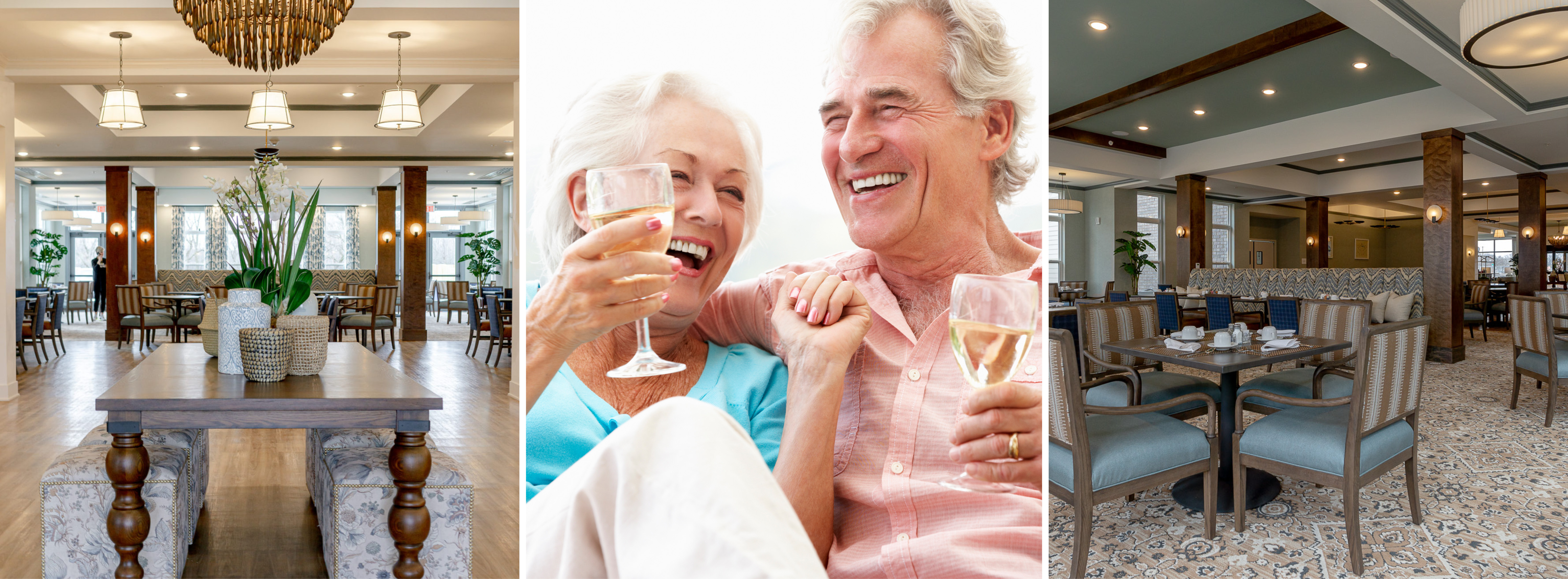 Two seniors enjoying white wine, and to images of an indepent living community interior